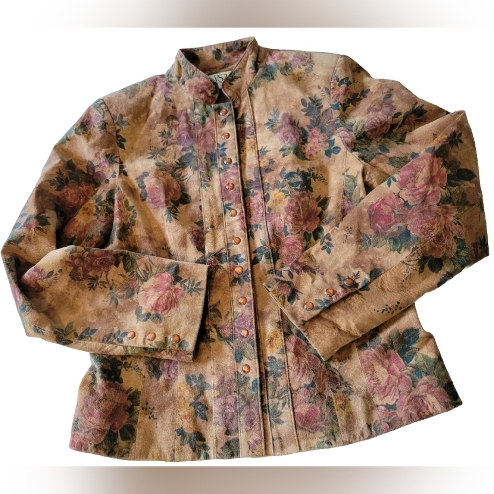 Vntg VS2 Leather Suede Floral Print Snap-on Jacket M Tan 1291
